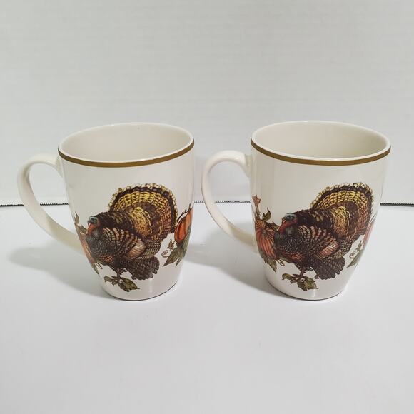 Pottery Barn Heritage Turkey Mugs Set of 2 Thanksgiving Coffee Stoneware Harvest - Picture 6 of 15